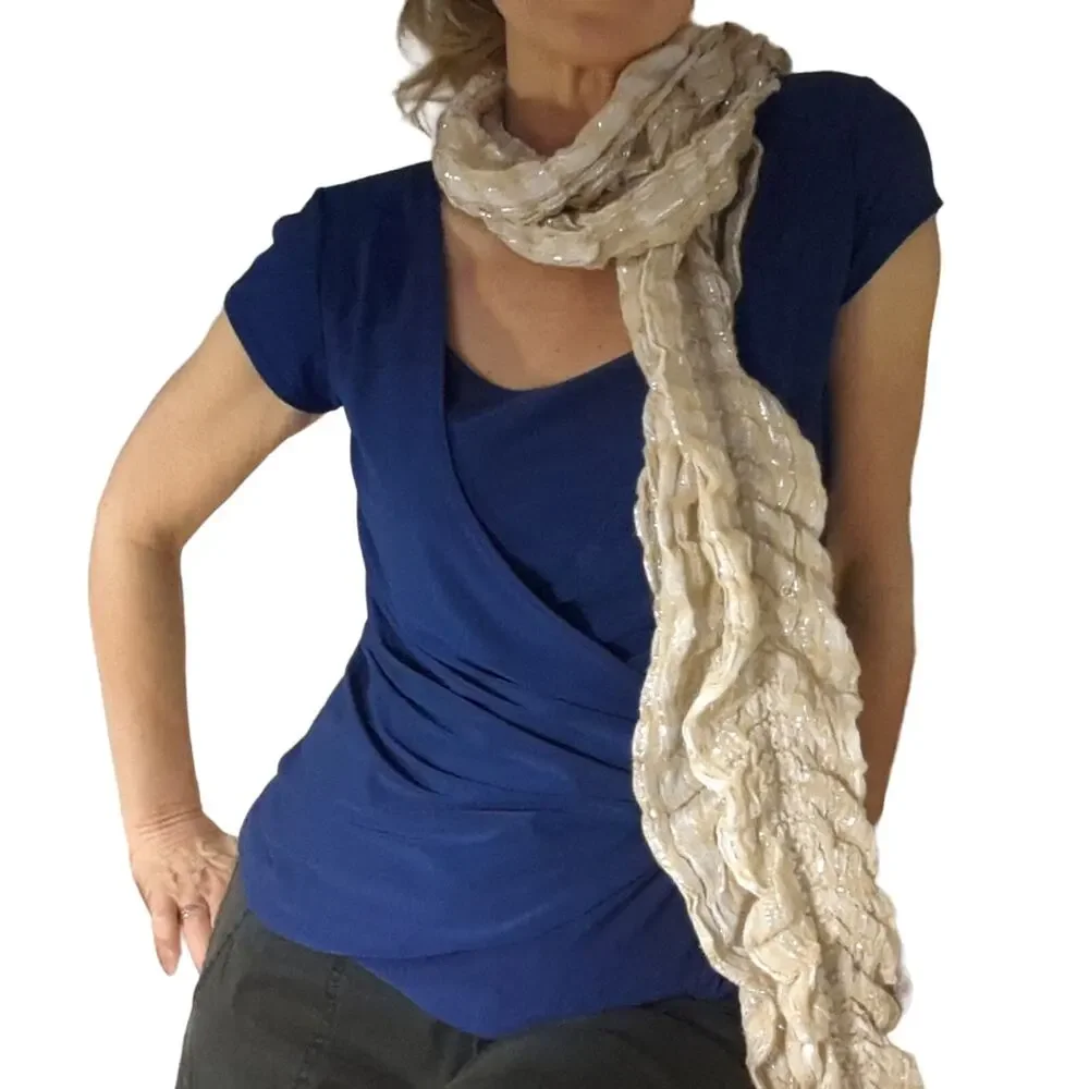 Crinkle Ruched Scarf Beige Textured Fluffy Long MInimalist All Seasons Preppy‎